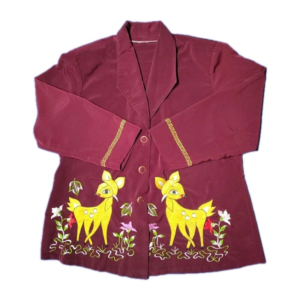 Vintage 1970s M/L Blouse Novelty Embroidered Deer  Woodland Cottagecore RARE